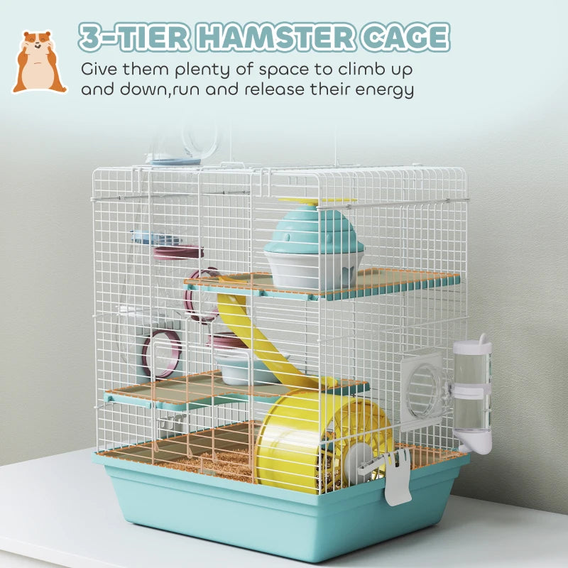 3-Level Hamster Cage with Exercise Wheel, Play Tube, Water Bottle, Food Dish, Hut, Ladder, Blue