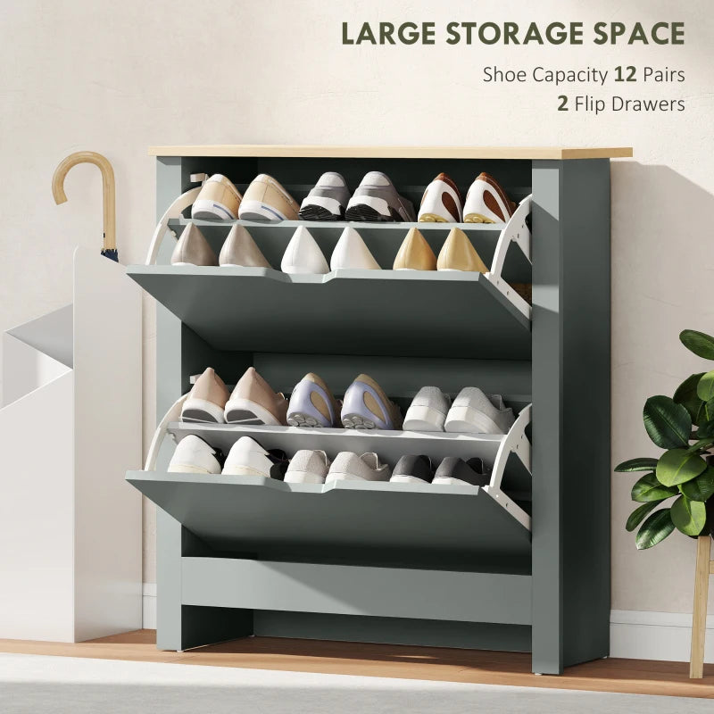 Shoe Storage Cabinet with 2 Flip Drawers and Adjustable Shelves for 12 Pairs of Shoes, Light Grey