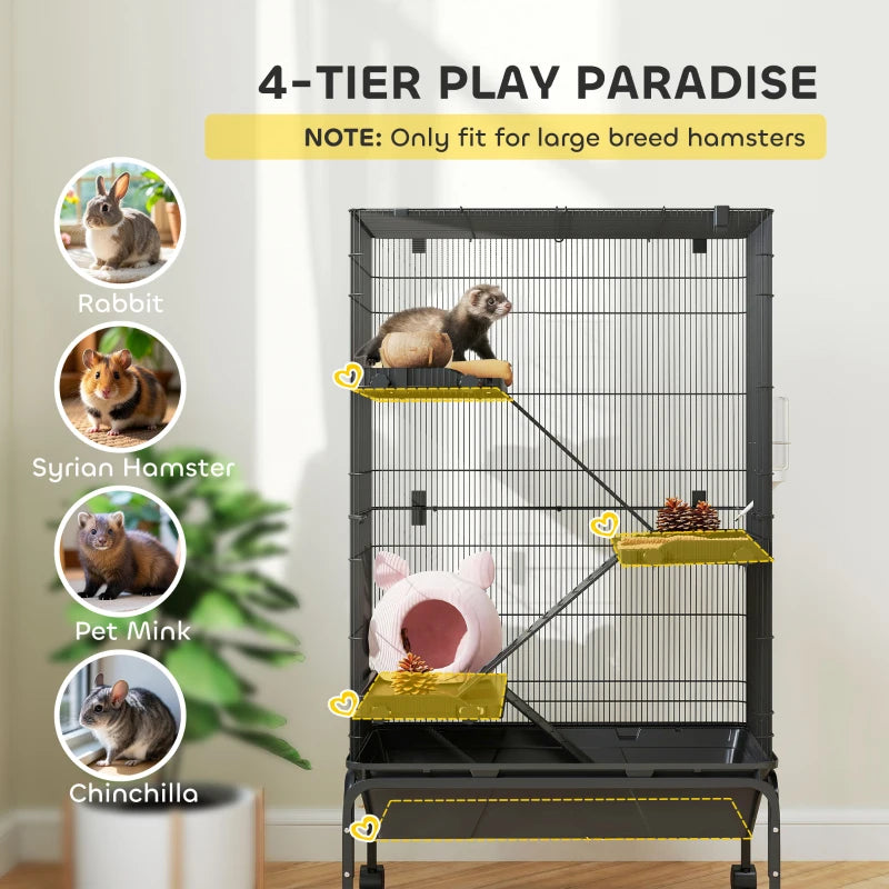 47"H Ferret Cage, Large 4-Tier Guinea Pig Cage with Wheels, Ramps, Bowl, Water Bottle & Removable Tray, Black