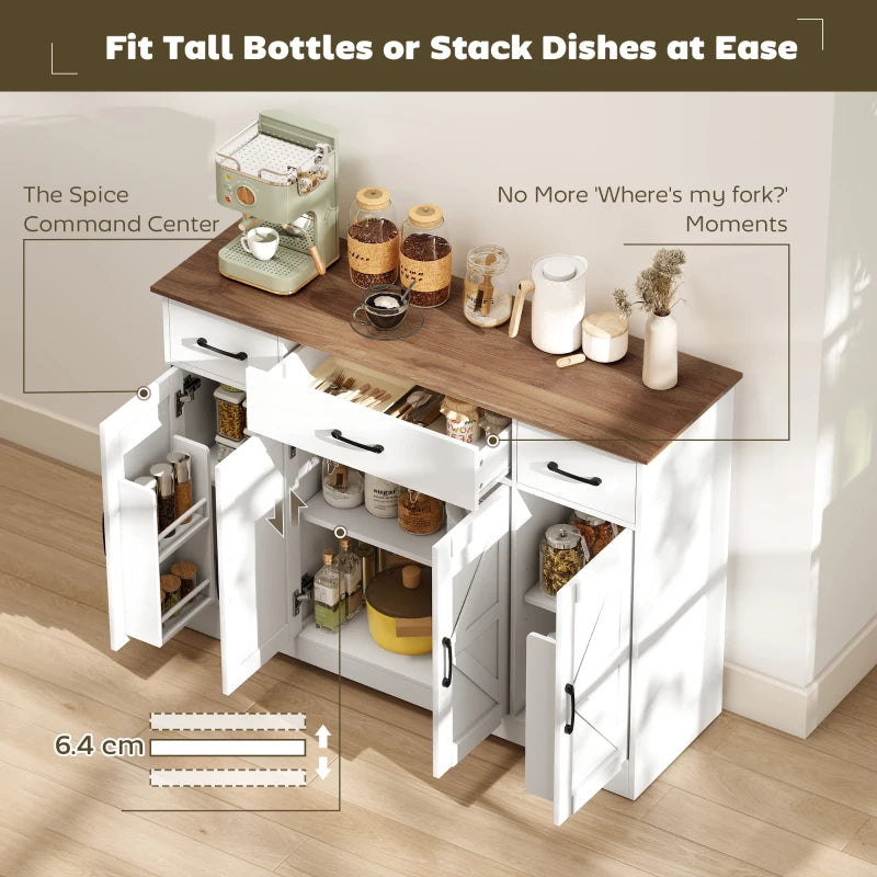 47" Buffet Cabinet with Soft-Close Hinges, Farmhouse Sideboard with 3 Drawers, Adjustable Shelves and Spice Racks, White