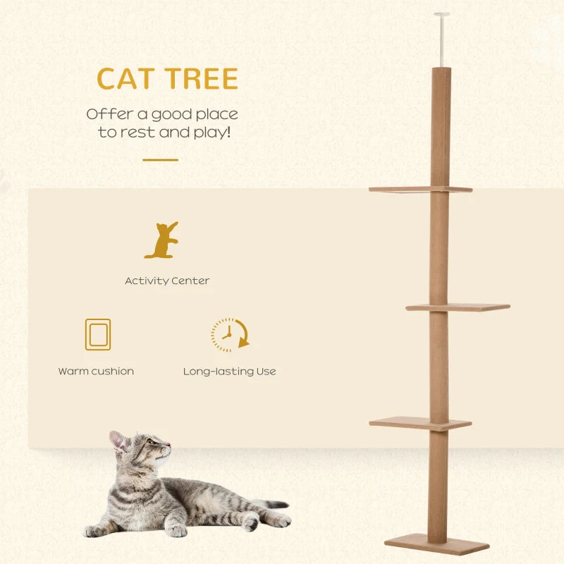 100" Floor To Ceiling Cat Tree w/ 3 Perches Activity Center for Kittens Cat Tower Furniture, Light Brown