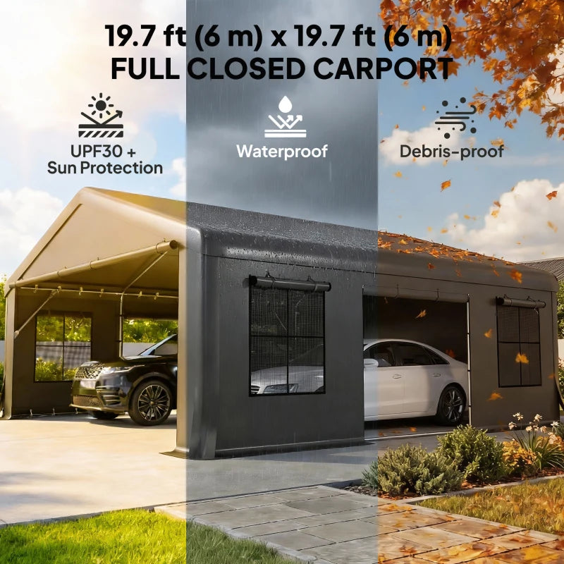 20' x 20' Heavy Duty Carport, Portable Garage Car Canopy Tent Shelter with 3 Roll-up Doors, 4 Windows, Dark Grey