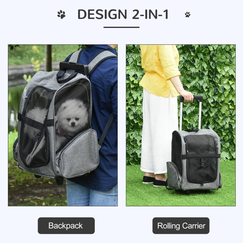 2-IN-1 Pet Luggage Box Backpack Carrier Cats Dogs w/ Handle, Rolling Wheel Grey