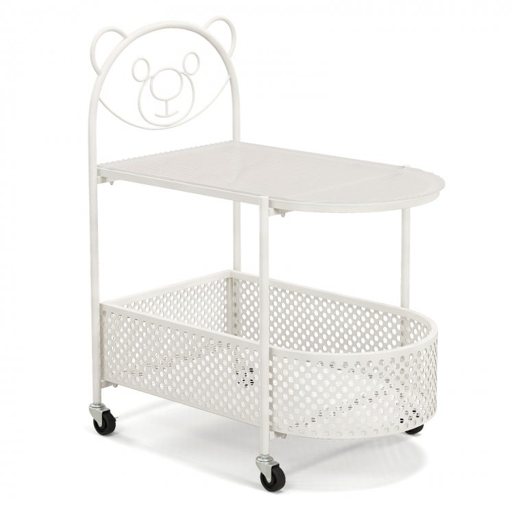 2-Tier Mobile Glass Coffee Table with Bear Pattern-White