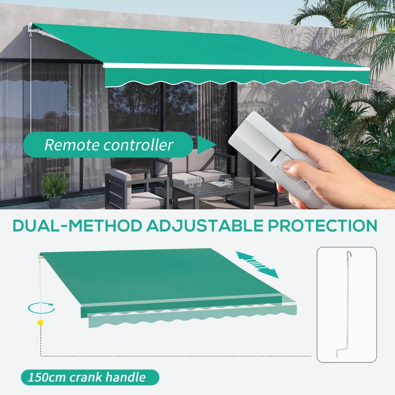 13' x 10' Electric Awning, Retractable Awning Sun Shade Shelter with Remote Controller, Manual Crank Handle and Aluminum Frame, for Deck, Balcony, Yard, Green