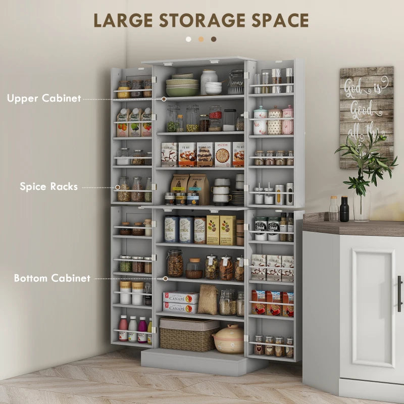 65" Kitchen Cabinet, Kitchen Pantry Cabinet with 4 Doors and 16 Door Shelves for Dining Room, Grey