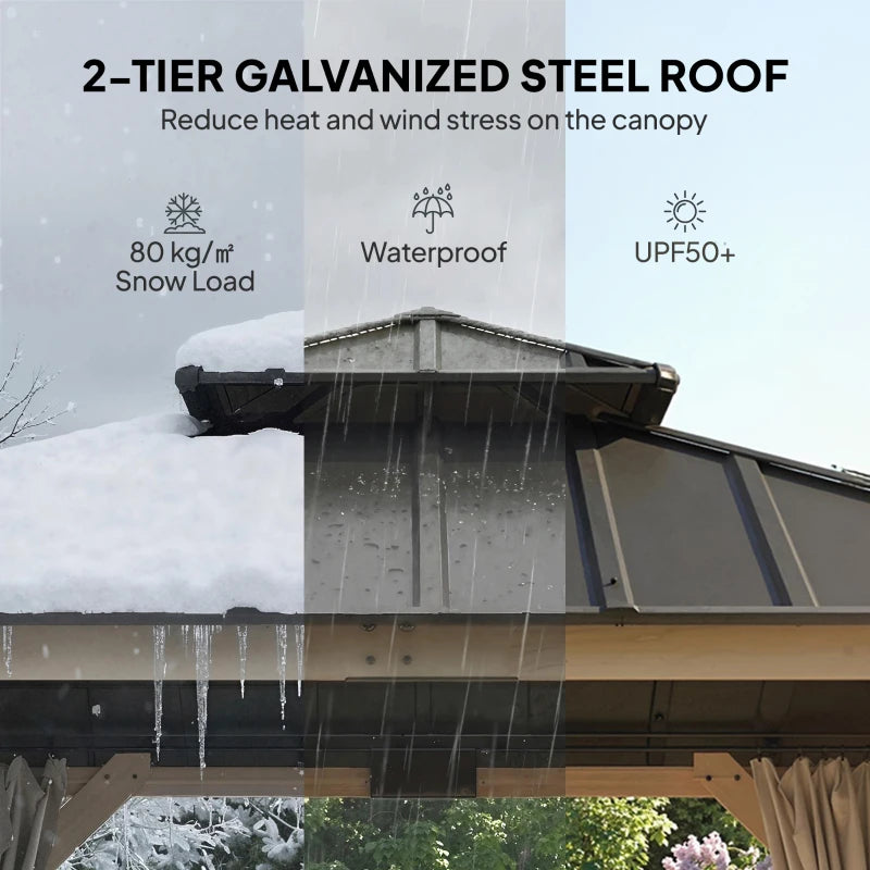 10' x 10' Outdoor Hardtop Gazebo with Double Steel Roof, Wood Patio Gazebo with Curtains, Hook, Light Grey