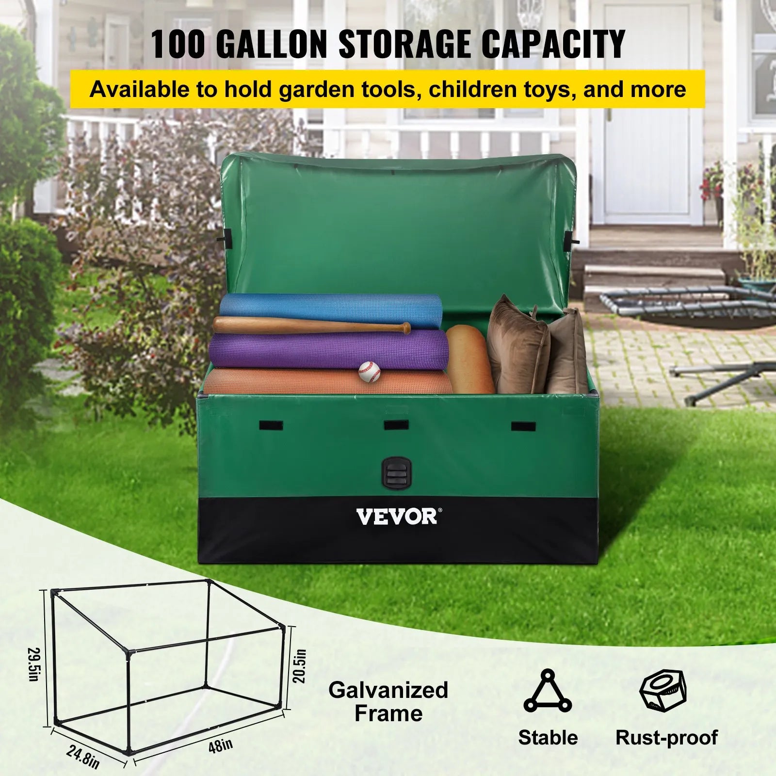 VEVOR Outdoor Storage Box, 100 Gallon Waterproof PE Tarpaulin Deck Box w/ Galvanized Frame, All-Weather Protection & Portable, for Camping, Garden, Poolside, and Yard, Brown & Blue