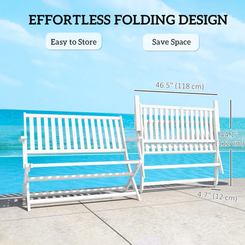 46.5" Foldable Wood Outdoor Bench with Backrest and Armrests for Outdoors, Patio, Porch, Park, White