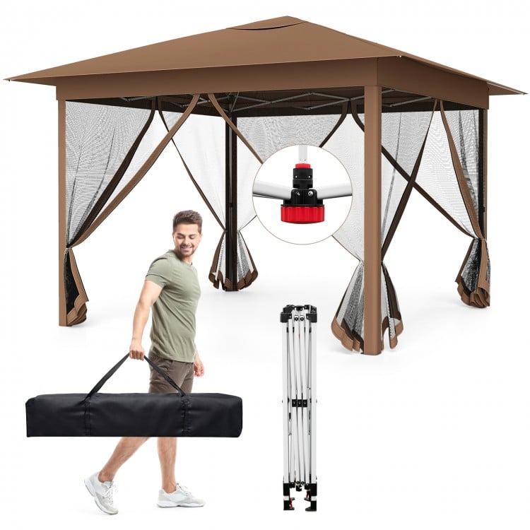 11.5 x 11.5 FT Pop-up Canopy Instant One-Person Setup with Mesh Screen Netting-Brown