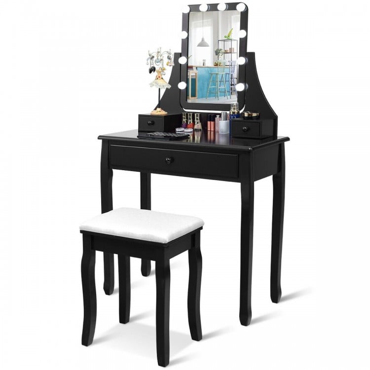 10 LED Lighted Mirror and 3 Drawers Vanity Table Set-Black
