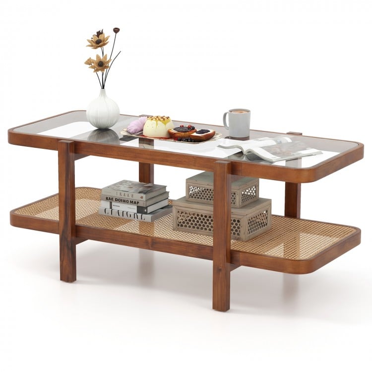 2-Tier Coffee Table with Storage and Tempered Glass Tabletop-Coffee