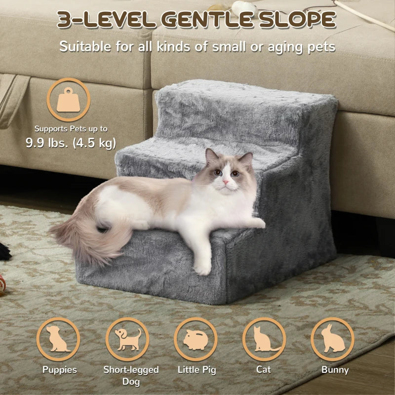 3-Step Dog Ramp for Sofa, Bed, and Couch, with Removable Cover, Light Grey