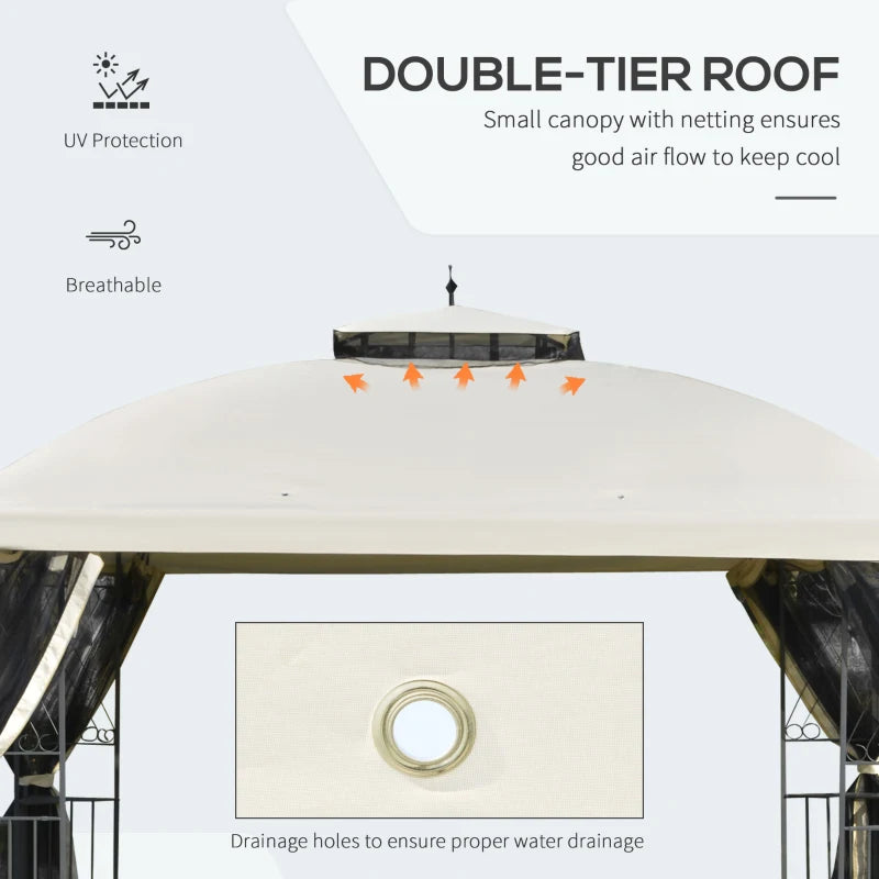 12' x 10' Outdoor Patio Gazebo Canopy with Double Tier Roof, Removable Mesh Sidewalls, Triangular Display Shelves, Beige