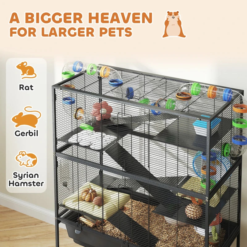 5 Tier Rolling Hamster Cage with 7" Deep Tray, Storage Shelf, Big Exercise Wheel, Tube System, for Syrian, Gerbil, Rat