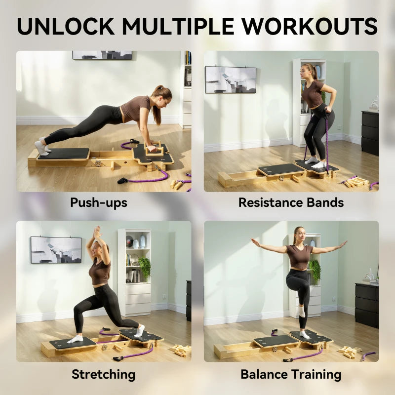 Soozier Foldable Pilates Reformer Machine, Multifunctional Pilates Board with Resistance Bands and Multi-Grips for Home Gym