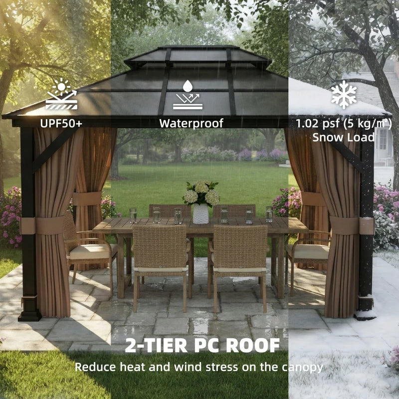 10' x 12' Hardtop Gazebo Canopy with Double PC Roof, Steel Permanent Outdoor Gazebo with Curtains and Netting, Khaki