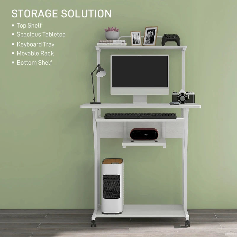 32" Mobile Computer Table, Rolling Study Desk for Home Office with Keyboard Tray, Storage Shelves, Wheels, White