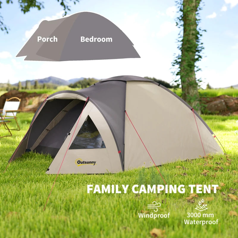 2 Person Camping Tent, Waterproof Family Dome Tent with Bedroom, Porch, Sewn-in Groundsheet and Hook, Khaki