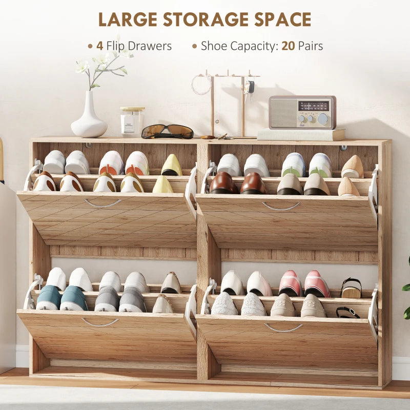 Shoe Storage Cabinet with 4 Flip Drawers, Narrow and Slim, 12-20 Pair of Shoes Organizer for Hallway, Entryway, Oak
