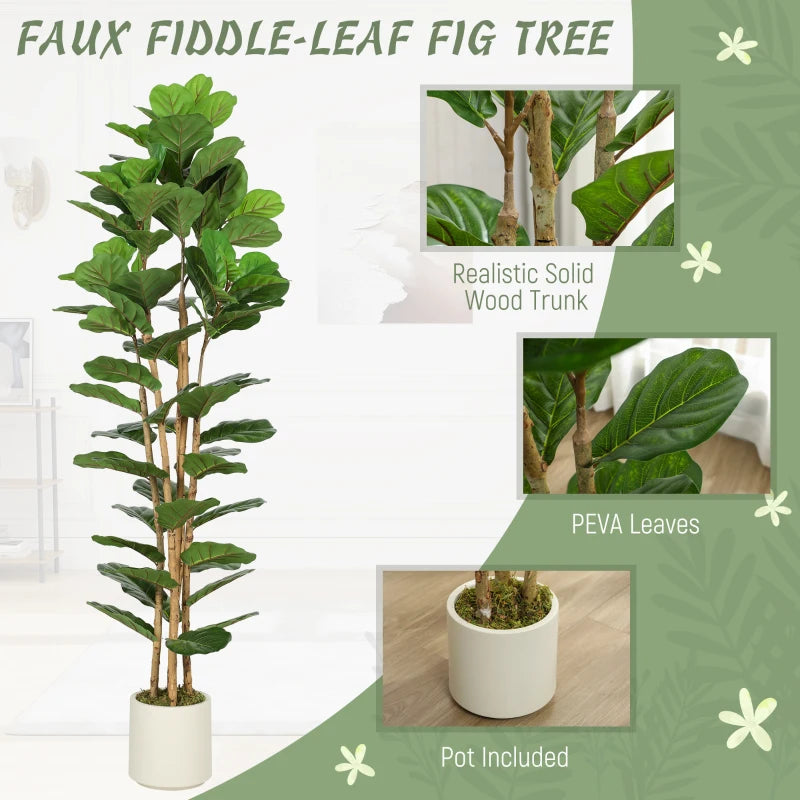 6FT Artificial Fiddle Leaf Fig Tree, Fake Potted Tree with Solid Wood Trunks and Lifelike Leaves for Indoor Decor, Green