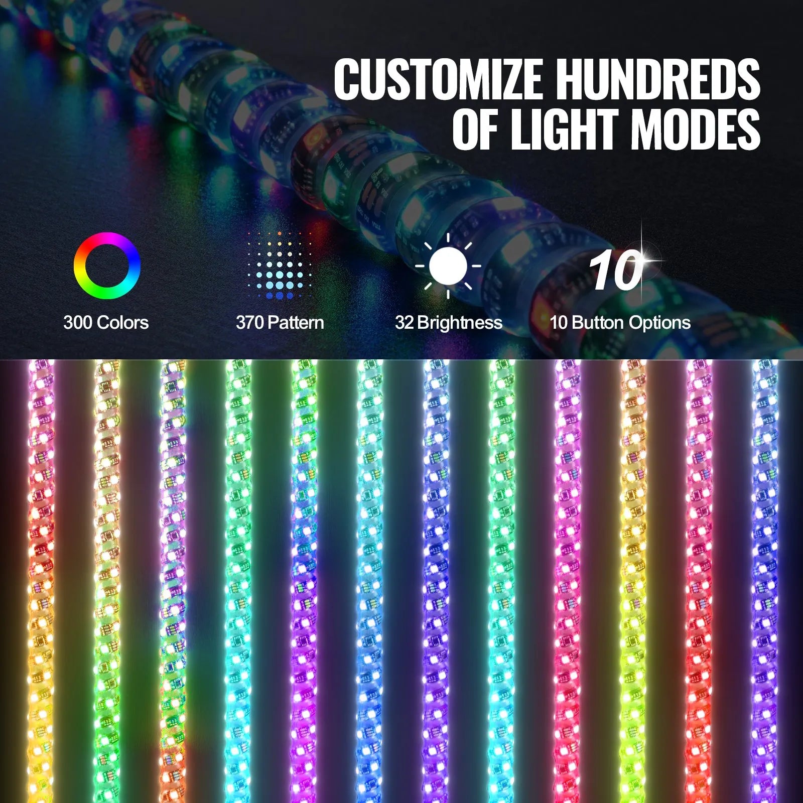 VEVOR 2 PCS 4 FT Whip Light, APP & RF Remote Control Led Whip Light, Waterproof 360° Spiral RGB Chasing Lighted Whips with 4 Flags, for UTVs, ATVs, Motorcycles, RZR, Can-am, Trucks, Off-road, Go-karts