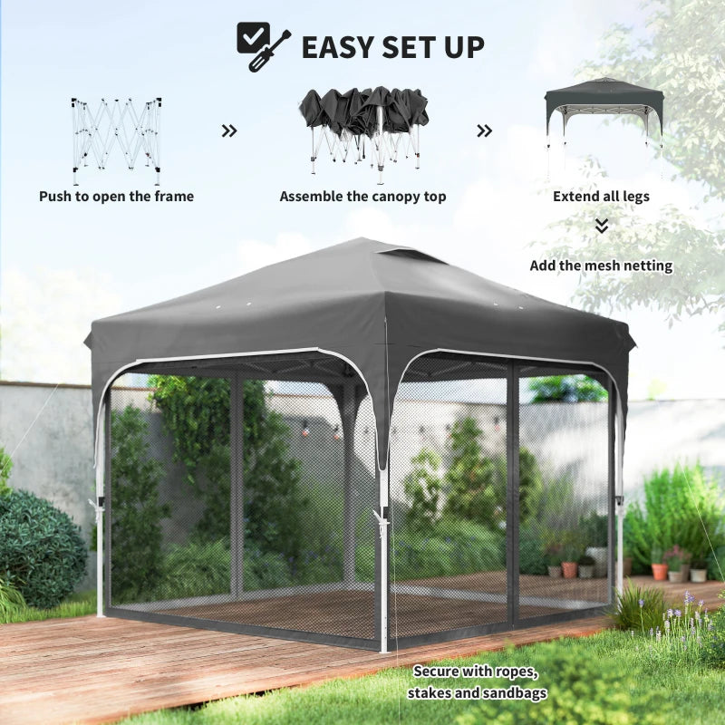 10 x 10 ft Pop Up Canopy Tent with Mosquito Netting, UPF 50+ Central Lock Easy Setup Outdoor Party Tent, Dark Grey