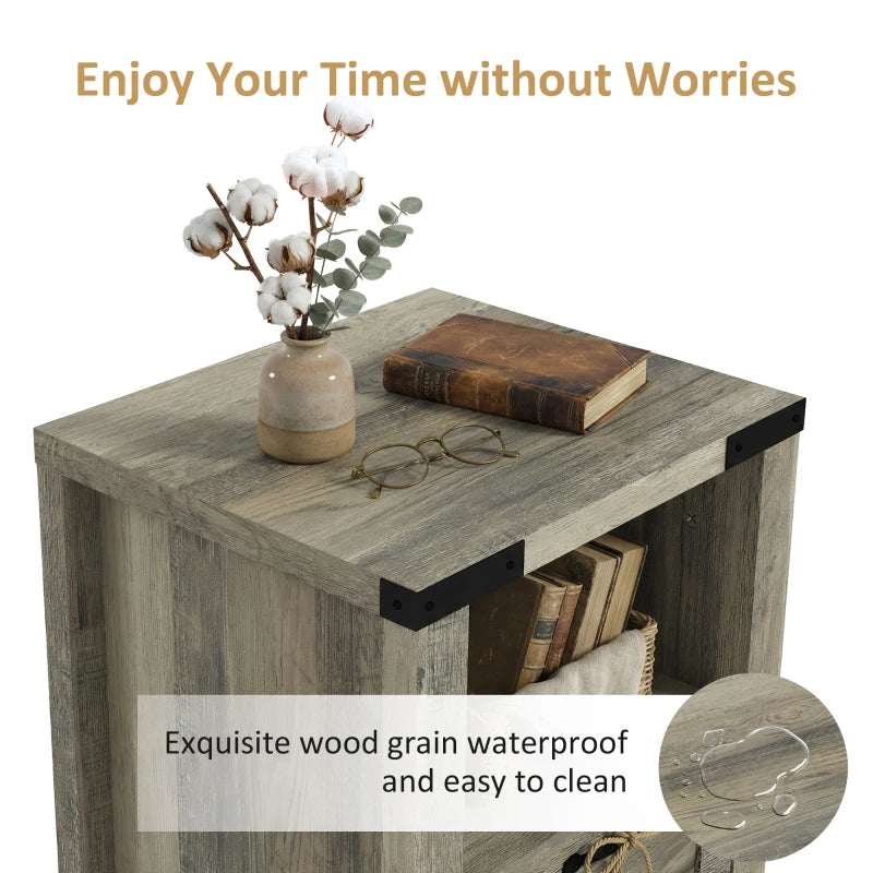 Small Side Table with Storage, Farmhouse End Table with Drawer, Open Shelf and Barn-style Panel, Nightstand for Living Room, Bedroom, Grey