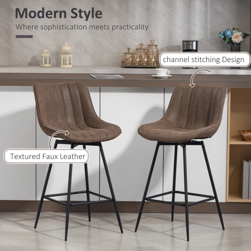 Set of 2 Counter Height Barstools, PU Leather Upholstered Bar Stools with Backrest, Footrest and Steel Legs, Brown