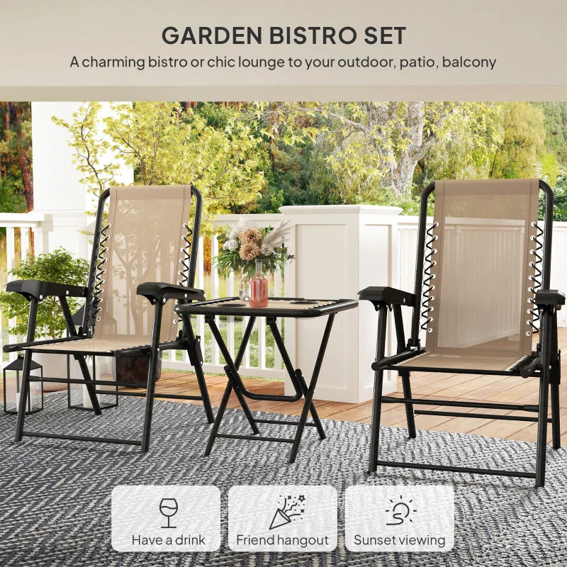 3 Pieces Patio Bistro Set, Outdoor Folding Table and Chairs Set, Metal Patio Furniture Set with Cup Holders, Khaki