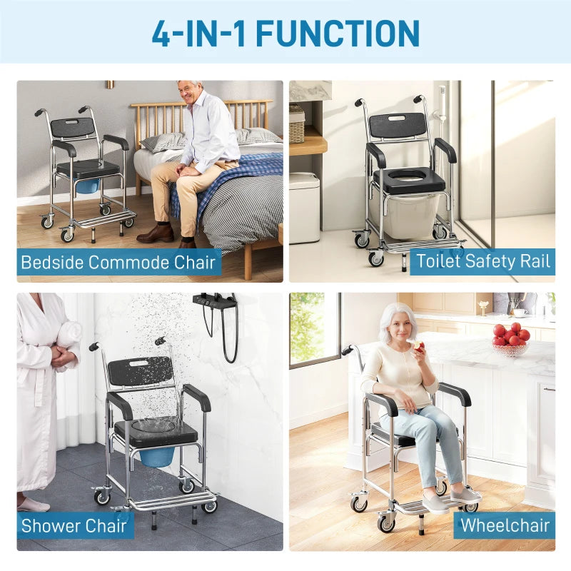 3-in-1 Shower Commode Wheelchair, Transport Beside Commode Chair with Padded Seat for the Elderly, Disabled