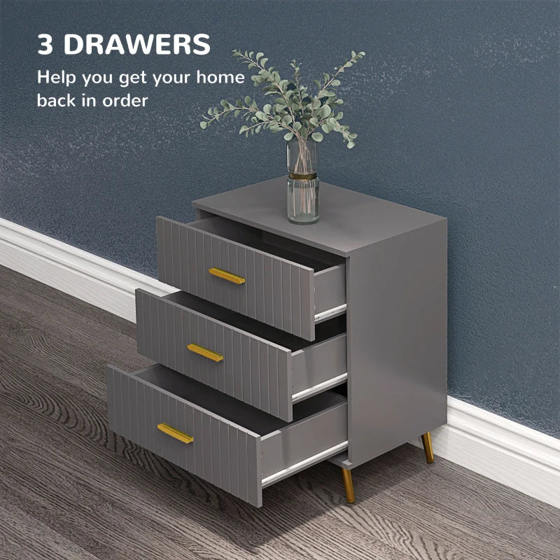 3 Drawer Cabinet, Drawer Chest for Bedroom, Chest of Drawers with Aluminium Legs and Gold Handles, Dark Grey