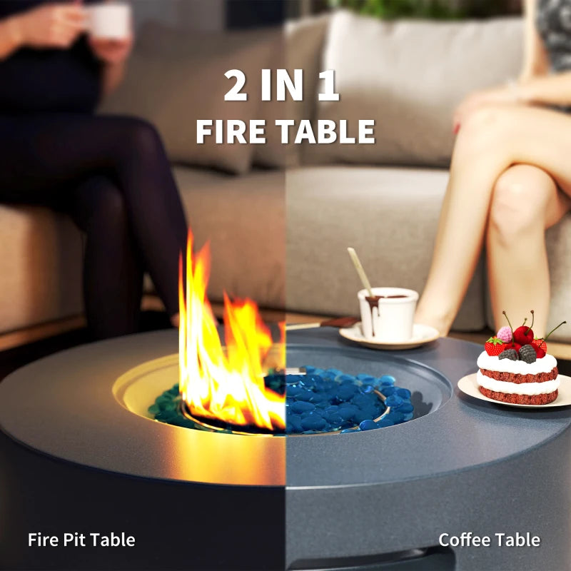 30" Round Propane Fire Pit Table 50,000 BTU Outdoor Gas Fire Table with Waterproof Cover, Decorative Glass Rocks, Tank Holder, Grey