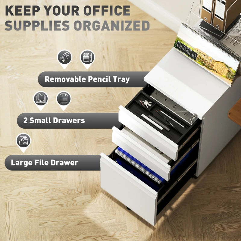 3 Drawer Filing Cabinet with Lock, Steel Office Storage Cabinet with Hanging Bar for A4, Legal, Letter Files, White