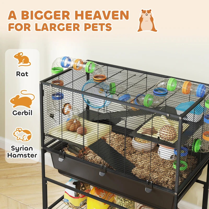 3 Tier Rolling Hamster Cage with 7" Deep Tray, Storage Shelf, Big Exercise Wheel, Tube System, for Syrian, Gerbil, Rat