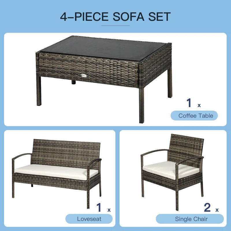 4 Pieces Patio Furniture Sets with A Loveseat, Two Armchairs and A Coffee Table, Outdoor Conversation Set with Glass Top Table, Grey PE Rattan and Cream White Cushions