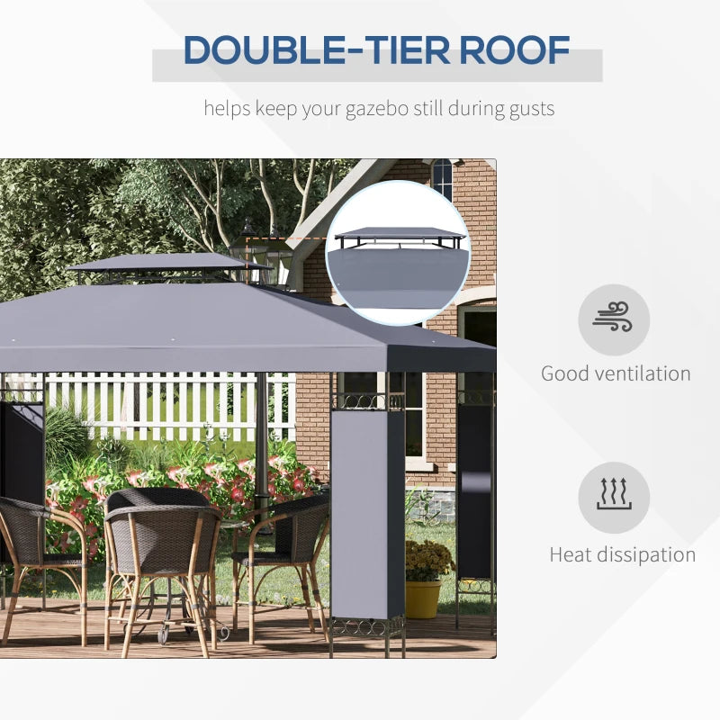 10' x 13' Outdoor Gazebo, Double Roof Patio Gazebo Canopy Shelter with Screen Decorate Corner Frame, Grey
