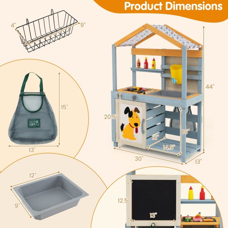 2 in 1 Wooden Mud Kitchen with Removable Water Box and Storage Bag-Gray