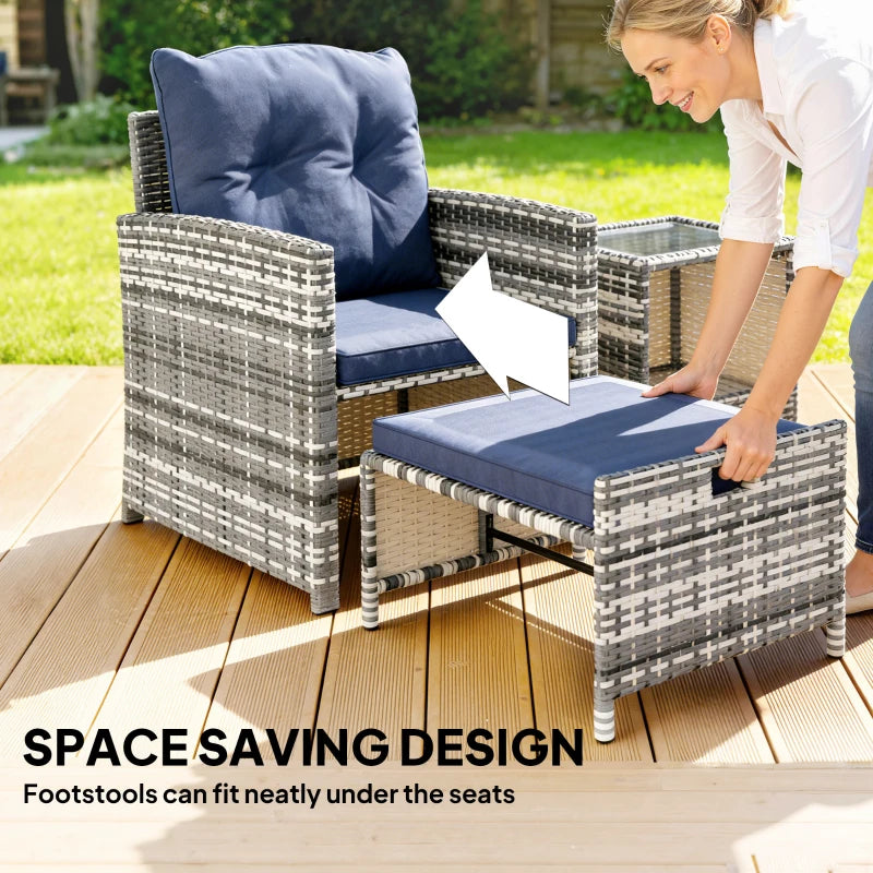 5 Piece Patio Furniture Set, Wicker Patio Chairs with Ottomans, 2-Tier Glass Coffee Table and Cushions, Grey/Dark Blue
