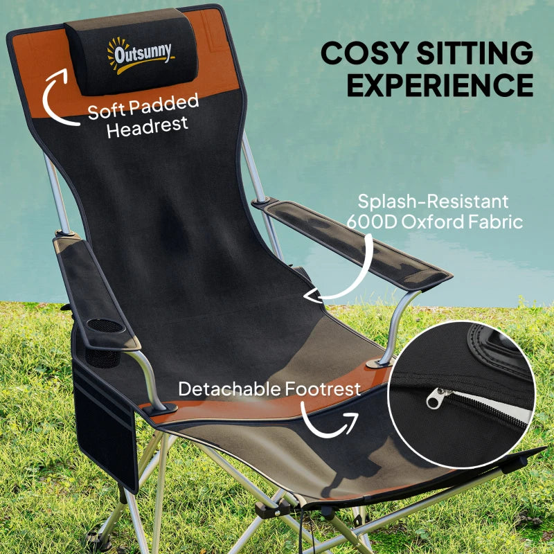 Set of 2 Reclining Camping Chair with Foot Rest, Folding Camping Chair w/ Headrest, Cup Holder, Storage Bag, Orange