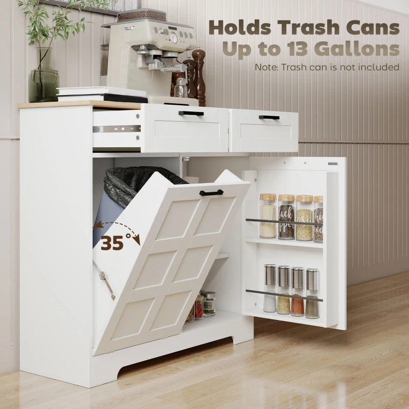 7 Gallon Tilt Out Garbage Cabinet, Kitchen Island with Trash Cabinet, 2 Drawers, Door Racks, Adjustable Shelves, White