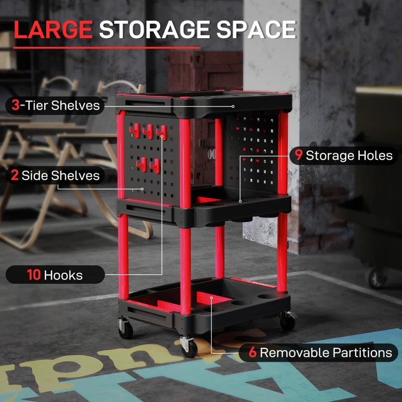 3-Tier Rolling Tool Cart with Wheels, 200 LBS Capacity Plastic Utility Cart for Garage, Warehouse, Workshop, Black & Red