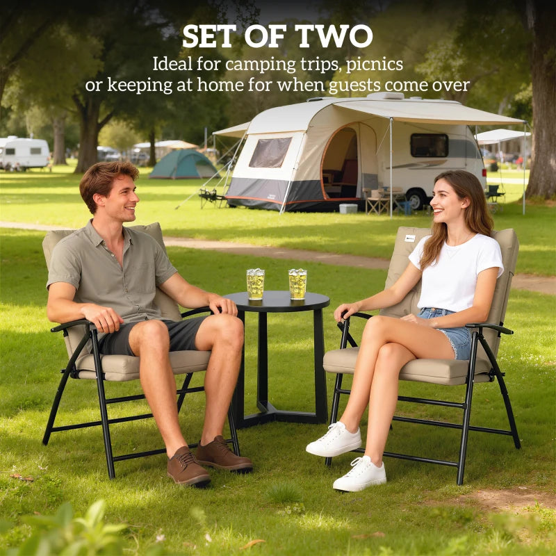 Set of 2 Outdoor Folding Chairs with Adjustable Backrest, Padded Camping Chairs for Outdoor Events, Khaki