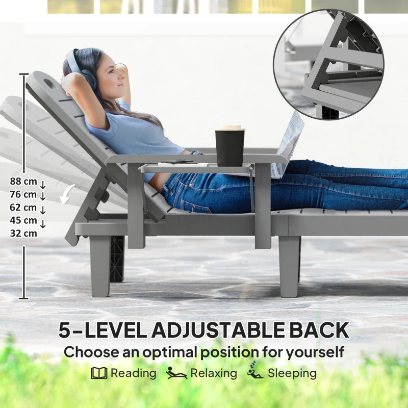 Set of 2 Tanning Chair, 5 Positions Adjustable Outdoor Lounge Chairs with Foldable Side Table, Dark Grey