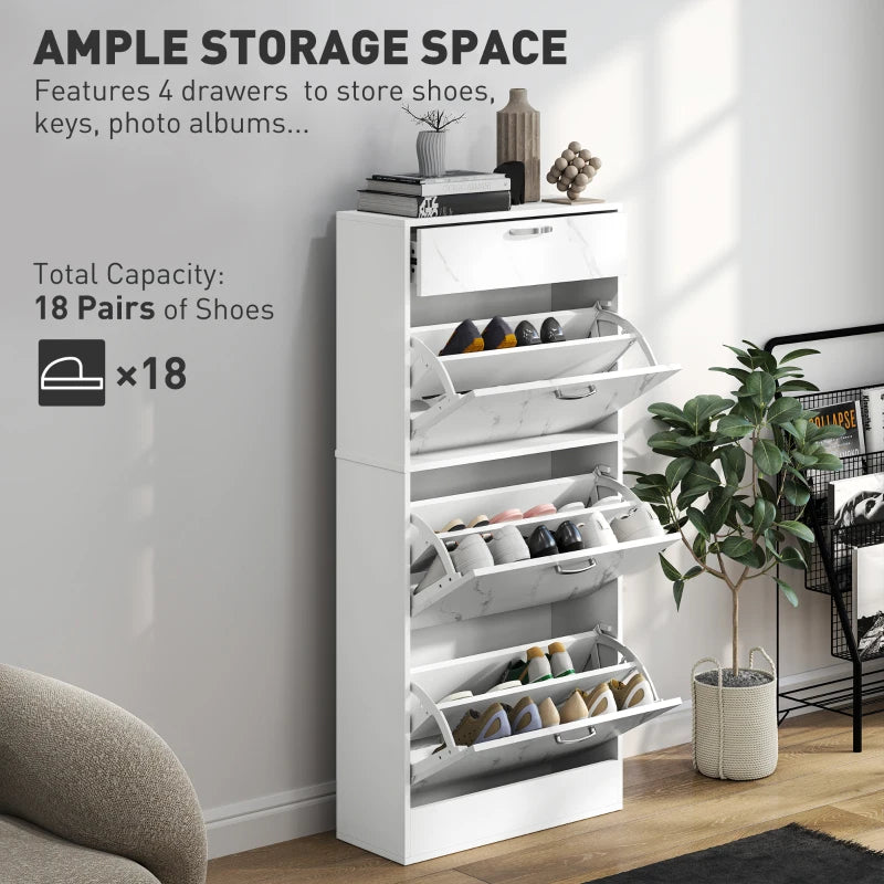 3 Flip Drawer Shoe Cabinet, Marble-Effect Narrow Shoe Storage Cabinet with Top Drawer and Adjustable Shelves, White