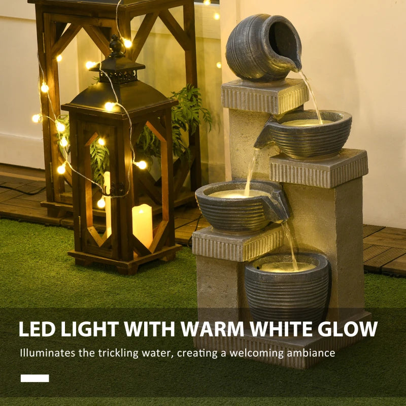 4-Tiered Outdoor Jar and Bowls Water Fountain with LED Lights, Adjustable Flow, 26.4-inch Resin Waterfall Fountain