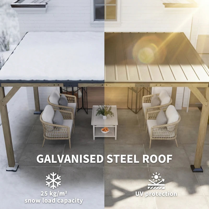 14' x 10' Gazebo, Lean to Galvanized Steel Hardtop Gazebo Pergola with Wood Frame, Patio Gazebo Awning, Dark Grey
