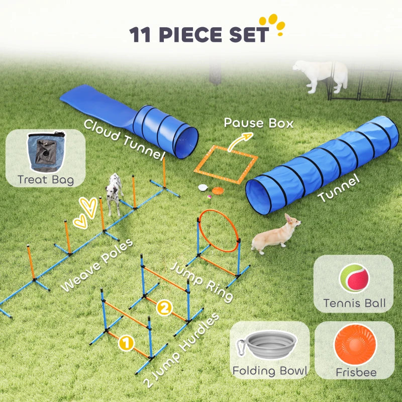 11-Piece Dog Agility Training Equipment Set, Pet Obstacle Course with 2 Tunnels, Adjustable Jumps, Orange Blue