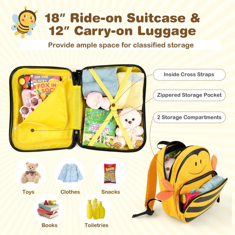 2 Pieces 18 Inch Ride-on Kids Luggage Set with Spinner Wheels and Bee Pattern-Yellow