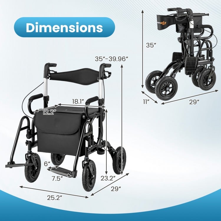 2-in-1 Foldable Rollator Walker with Seat abd 9 Inch Pneumatic Tires for Seniors-Black